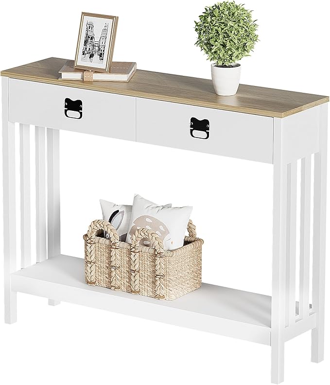 Entryway Table with Drawer & Shelves, Console Tables for Entryway, Modern Farmhouse Sofa Table with Reinforced Support Design, Rustic Wooden Hallway Accent Table, White