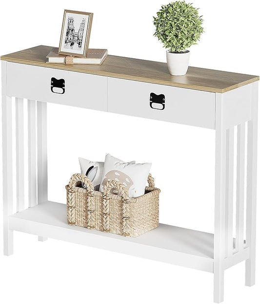 Entryway Table with Drawer & Shelves, Console Tables for Entryway, Modern Farmhouse Sofa Table with Reinforced Support Design, Rustic Wooden Hallway Accent Table, White