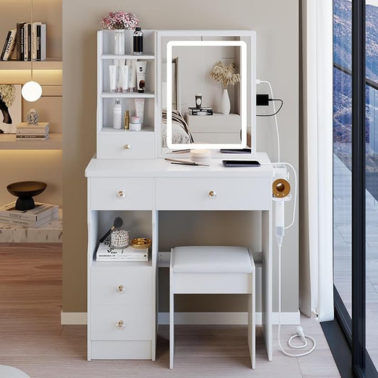 29.2" Small Vanity Desk with Mirror and Lights, Makeup Table with 2 AC+2 USB Power Station, Hair Dryer Bracket, Vanity Set with 5 Drawers and Stool for Small Space Bedroom, White