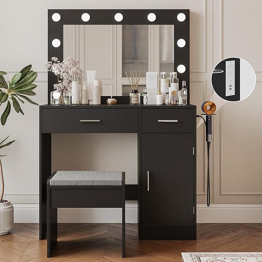 Vanity, Vanity Desk with Mirror, Large Drawer and Power Socket with 11 Light Bulbs and 3 Adjustable Lighting Modes, Vanity Table Ideal for Bedroom (Black)