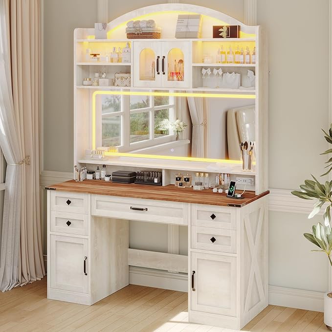 Farmhouse Makeup Vanity with Mirror and Lights 3 Colors, 76.8" Vanity Desk with 5 Drawer,Storage Cabinets,LED Light,Dressing Table with Power Outlets, Storage Shelves,Antique White