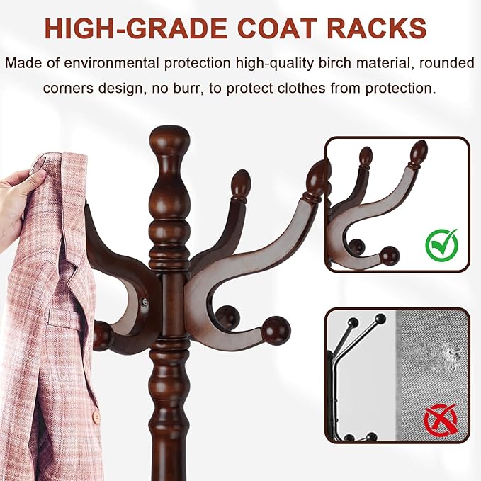 Coat Racks Freestanding, Natural Wood Coat Stands with 14 Hooks, 75" Heavy Duty Adjustable Height Vintage Hall Tree for Entryway, Bedroom, Office, Easy Assembly (Triangular Dark Brown)