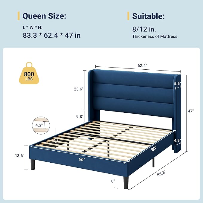 Allewie Queen Size Platform Bed Frame with Velvet Upholstered Wingback Headboard, No Box Spring Needed, Under Bed Storage Space, Wooden Slats, Modern Mattress Foundation, Easy Assembly, Blue