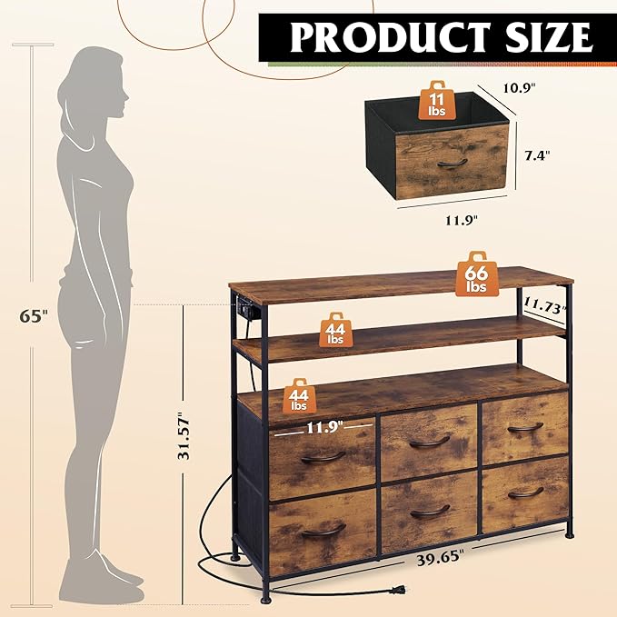 WLIVE TV Stand for 40, 45 inch TV, Entertainment Center with LED Lights & Charging Station, TV Media Console Table with 6 Fabric Drawers and Open Shelves for Living Room, Hallway, Rustic Brown