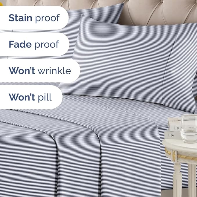 Blue and White Striped Sheets - 1 Flat & 1 Fitted Sheet & 2 Pillowcases w/ Deep Pockets - Cozy, Wrinkle & Fade Resistant - Ultra-Soft, Breathable and Cooling - Luxury Pinstripe Bedding - Full Size