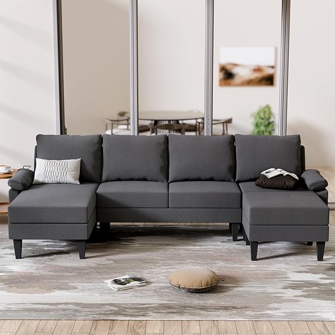 U Shaped Sectional Couch, Convertible Modular Sectional Sofa with Chaise & Ottomans, Modern 6 Seat U Shaped Couches for Living Room Apartment, Grey