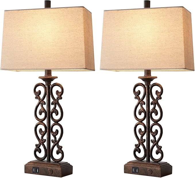 Set of 2 Farmhouse Touch Table Lamps for Living Room, 3 Way Dimmable with Dual USB Ports Vintage Rustic Bedside Desk Lamp, for Bedroom End Table, 2 LED Bulbs Included (Bronze)