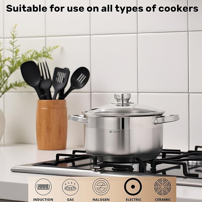 Daniks Standard Stainless Steel Stock Pot with Glass Lid – Induction 7 Quart, Dishwasher Safe, Measuring Scale, For Soup, Pasta, Stew, Silver