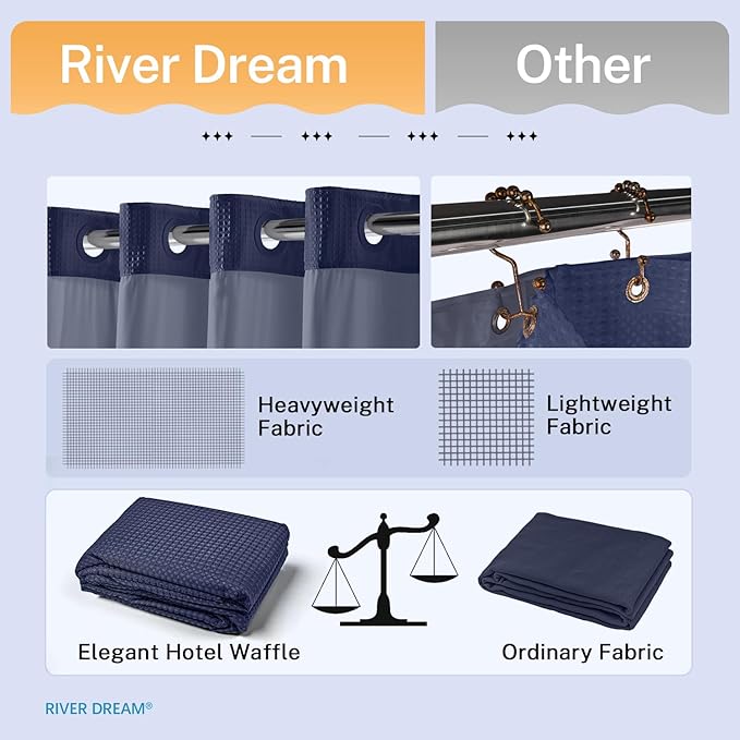 River Dream Heavyweight Navy Blue No Hooks Required Dotted Waffle Weave Shower Curtain with Snap in Liner - 71W x 74H,Hotel Grade,Spa Like Bath Curtain