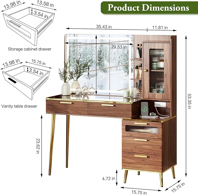 47.24" Big Modern Vanity Desk with Mirror and Lights,Makeup Vanity Desk with 5 Drawers and Storage Shelves & Power Outlet,Dressing Table with Glass Top, Walnut