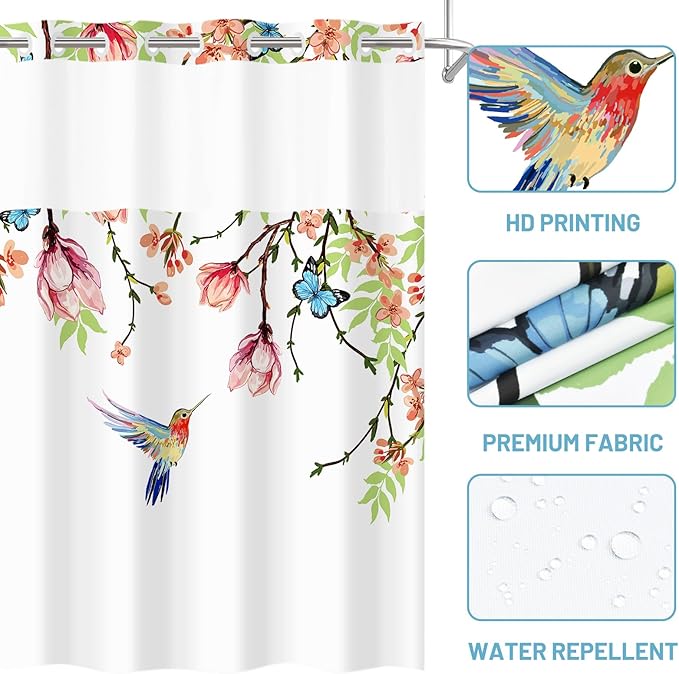 No Hook Shower Curtain with Snap in Liner - Fabric Waterproof Inner Liner, Plants Pink Floral Blue Nature Birds Cloth Shower Curtains Washable, 71 x 74 Inch