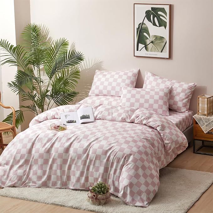 CLOTHKNOW Pink White Plaid Full Size Comforter Sets 3Pcs Grid Bedding Comforter Sets Soft All Season Geometric Checker Comforter with 2 x Pillow Cases