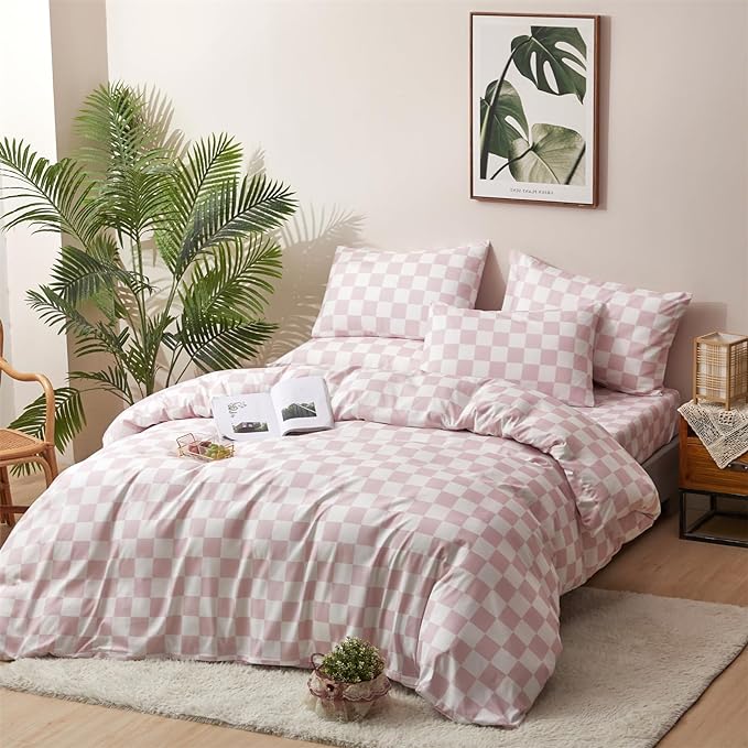 CLOTHKNOW Pink White Plaid Twin/Twin XL Comforter Set 3Pcs Grid Bedding Comforter Sets All Season Soft Checker Comforters with 2 x Pillow Cases