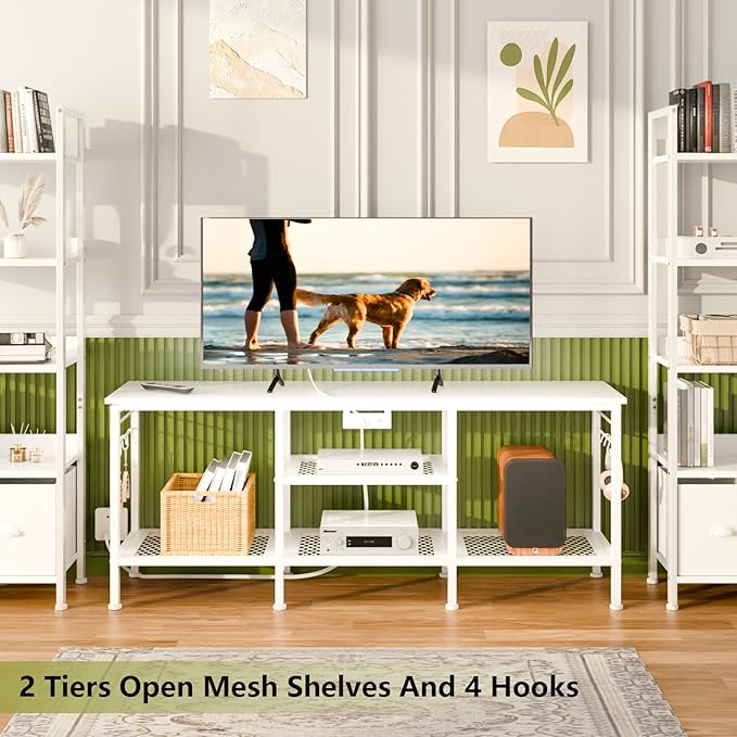 Furologee TV Stand with Power Outlets, Entertainment Center with Open Storage Shelves for TVs up to 55 Inch, TV Media Console Table with Soundbar Shelf for Living Room, Bedroom, White