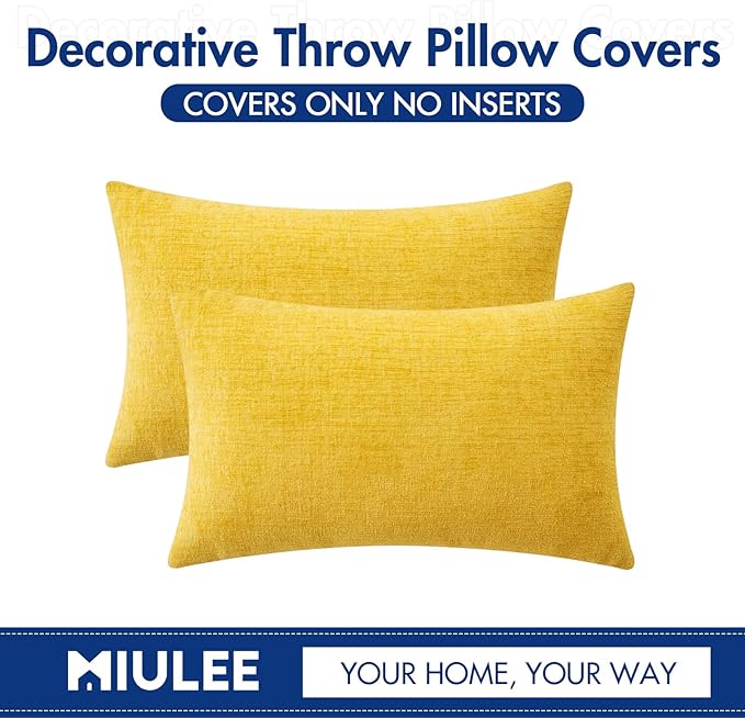 MIULEE Pack of 2 Couch Throw Pillow Covers 12x20 Inch Soft Yellow Chenille Pillow Covers for Sofa Living Room Solid Dyed Pillow Cases