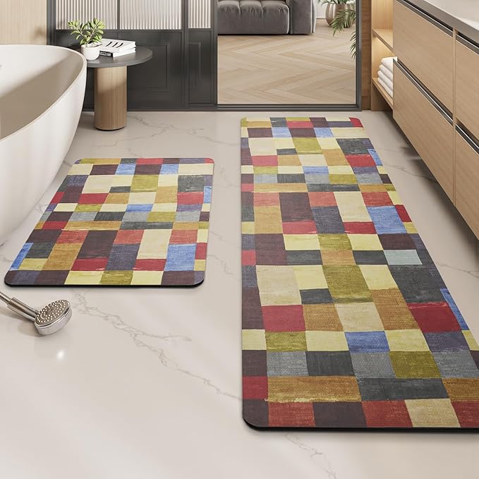 MontVoo -Bath Mat-Non Slip Thin Bathroom Rugs Fit Under Door- Quick Dry Absorbent Faux Suede Surface Grey Bathroom Floor Mats-Shower Rug for in Front of Bathtub Shower Retro Colors Plaid 17x27.5