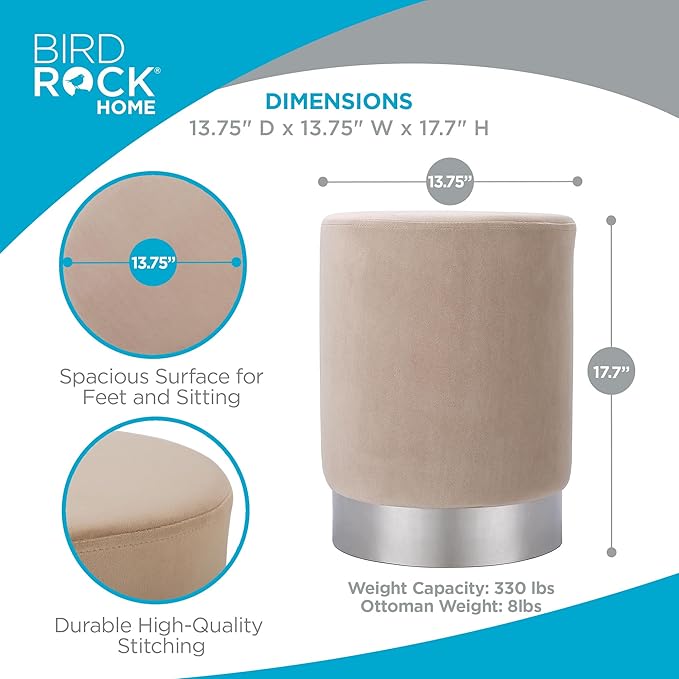 BIRDROCK HOME Round Ottoman Foot Stool – Soft Padded Modern Stool Design – Ideal for Living Room, Bedroom – Compact Footrest, Vanity Chair, Small Furniture – Foam Seating, Decorative Accent (Taupe)