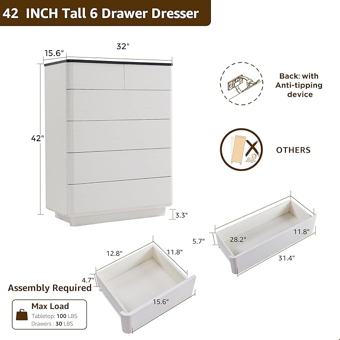 JXQTLINGMU 6 Drawer Dresser for Bedroom, 42" Tall Modern Push-to-Open Chest of Drawers, Wood Storage Organizer w/Curved Profile & Handleless Design for Bedroom, Living Room, Off White