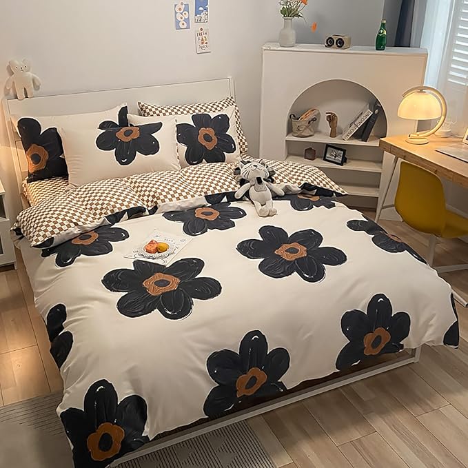 Luxlovery Black Floral Comforter Set Twin Botanical Sunflower Bedding Comforter Set Women Girls Cute Chic Sunflower Blanket Teen Girls Kids Quilts 3 Piece Bedding Set for Twin Bed