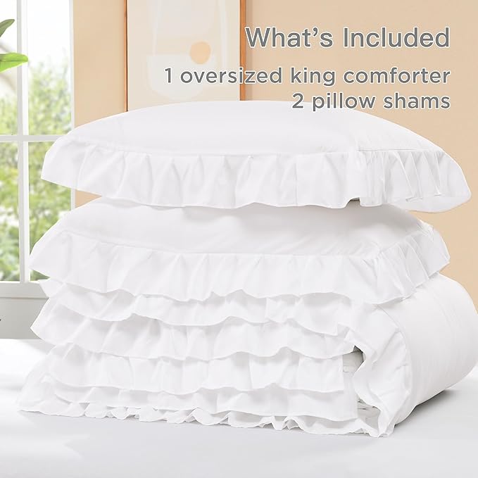 Litanika Oversized King Comforter Set White, 3 Pieces Boho Vintage Solid Ruffle White Comforter Bedding Set, Shabby Chic All Season Soft Lightweight Bed Set (120x98In Comforter & 2 Pillowcases)