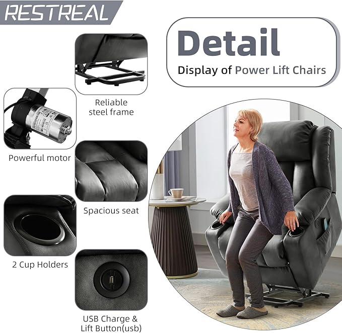 Power Lift Recliner Chair for Elderly, Electric Recliner Chairs for Adults with Massage and Heat, Cup Holders, Remote Control, USB Ports, Side Pockets, Leather (Aluminum Gray)