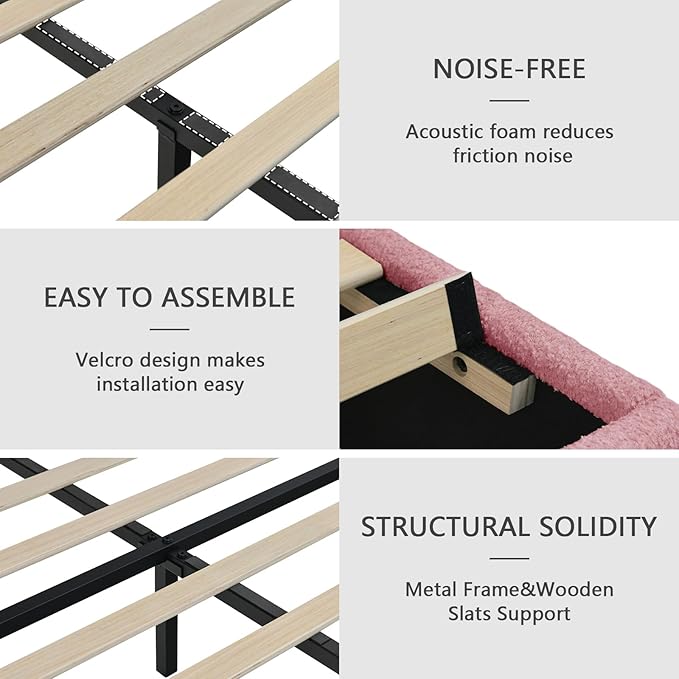 Full Bed Frames,Breathable Boucle Fabric Upholstered Bed Frame with Headboard,Removable and Washable,Wood Slat Support,No Box Spring Needed,Easy Assembly,Pink
