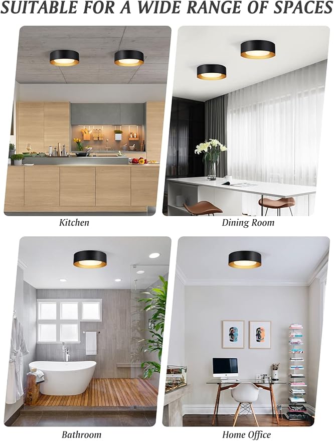 Vikaey Modern Mid Century Flush Mount Ceiling Light, 2-Light Minimalist Round Light Fixture, Black and Gold Drum Ceiling Lamp with Glass Lampshade for Bedroom, Hallway, Kitchen, 12.5in