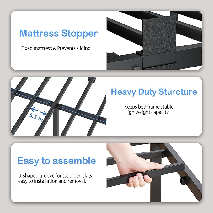 ROIL 7 inch King Size Bed Frame Metal Platform No Box Spring Needed with Round Corner Legs Mattress Stoppers Retainers 3500LBS Heavy Duty Steel Slats Noise-Free Easy Assembly