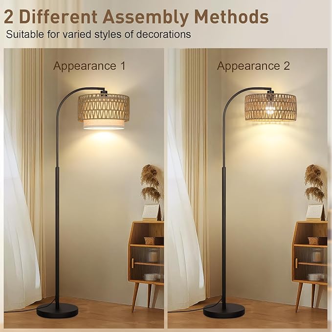 Arc Floor Lamp Black, Boho Floor Lamps for Living Room, Dimmable Standing Tall Lamps with Rattan Fabric Shade, Modern Floor Lamp Farmhouse Bohemian Light for Bedroom, Office, 9W LED Bulb Included