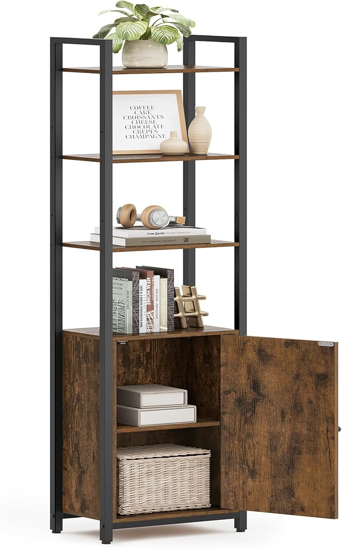 VASAGLE 6-Tier Bookshelf, Tall Bookcase with Cabinet, Steel Frame, Adjustable Shelves, 9.4 x 15.7 x 62.8 Inches, Living Room Bedroom, Rustic Brown and Ink Black ULLS132K01