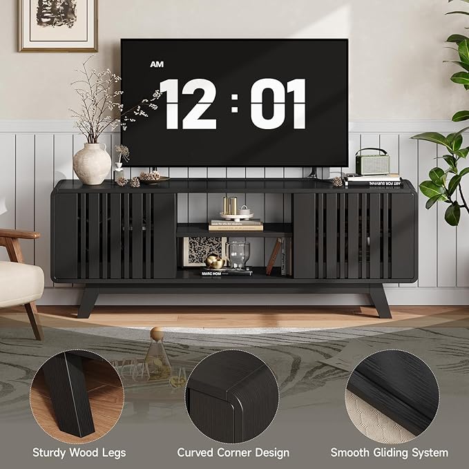 63-Inch TV Stand for TVs up to 75 Inch, Mid-Century Modern Television Stand with Power Outlet， Entertainment Center with Sliding Grille Door Cabinets and Open Shelves for Living Room, Black