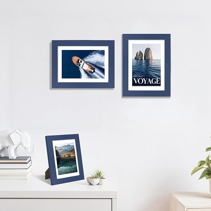 5x7 Picture Frame Set of 4, High Definition Real Glass, Display Pictures 4x6 with Mat or 5x7 Without Mat, Gallery Wall Hanging or Tabletop Photo Frames, Blue