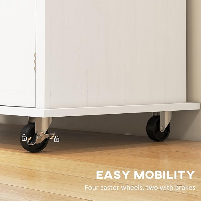 HOMCOM Kitchen Island Cart with Rubber Wood Top, Rolling Kitchen Island Table on Wheels with Drawers, Adjustable Shelves, Spice Rack and Towel Rack for Dining Room, Distressed White