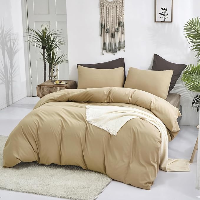Luxlovery Khaki Comforter Set Full Champagne Bedding Comforter Set Full Women Men Taupe Solid Soft Breathable Blanket Quilts Sand Color 3 Piece Comforter Bedding Set