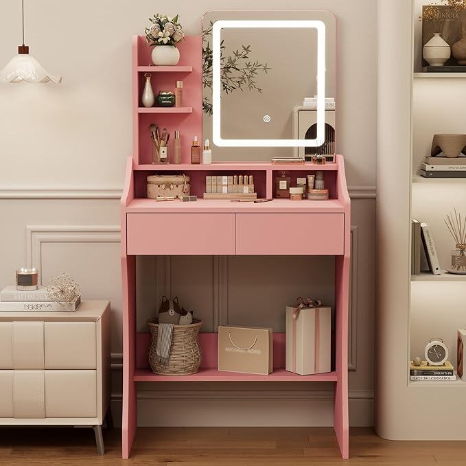 Small Vanity Desk, Makeup Vanity with Mirror and Lights, Vanity Desk with Drawer & 3 Storage Shelves, Pink Makeup Vanity Desk with Lights for Bedroom