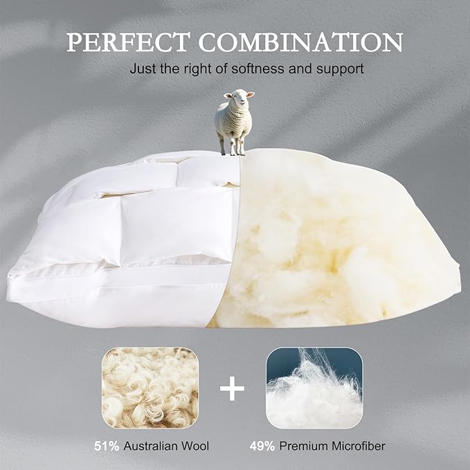 YOUR MOON Organic Wool Pillow Standard Size Set of 2 - Premium Wool Fill, Soft Thick Down Alternative Pillow for Sleeping, 100% Cotton Cover, Support Bed Pillows for Side and Back Sleepers(White)