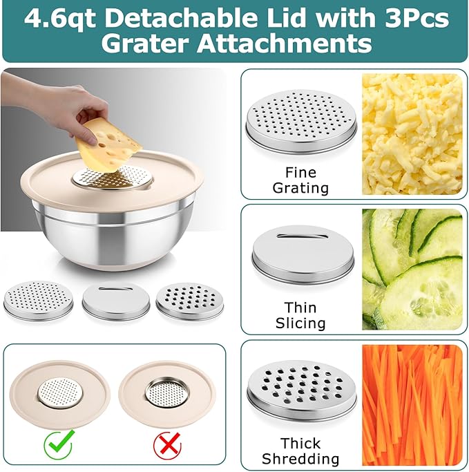 TeamFar Mixing Bowls, 5PCS Stainless Steel Nesting Salad Bowl with Lid & 3 Grater Attachments, for Prepping/Serving/Storing Food, Nontoxic, Airtight Lid & Non-slip Bottom - 4.6/3.5/2.5/1.5/1 QT