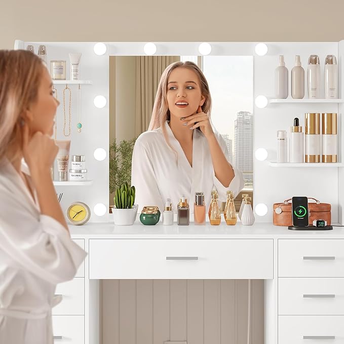 47.2" Large Vanity Desk with Mirror and Lights, Makeup Vanity with 11 Drawers & 6 Open Shelves, 3 Lighting Modes, Brightness Adjustable, White