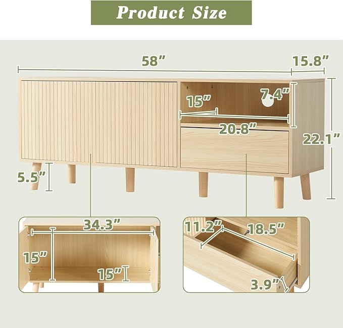 58" Mid Century Modern TV Stand for 32-65 inch TVs, Light Wood TV Console with with Fluted Doors and Drawer, Entertainment Center with Storage for Living Room, Oak