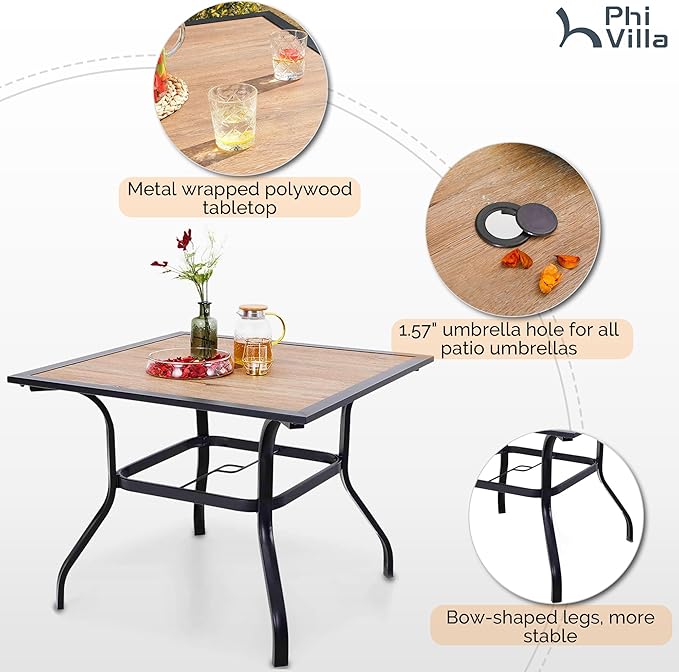PHI VILLA 5 Piece Outdoor Dining Set for 4, 37" Wood Top Metal Dining Table & 4 Cushioned Rattan Wicker Chairs for Patio, Deck, Yard, Porch