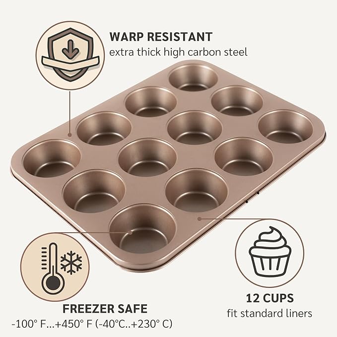 Baking Basics Premium PFOA free Nonstick Baking Pans Bundle of 4 items: 10x15 in Baking Sheets 2-Pack, Loaf Pan, Muffin Pan | Nont Toxic Quality Bakeware