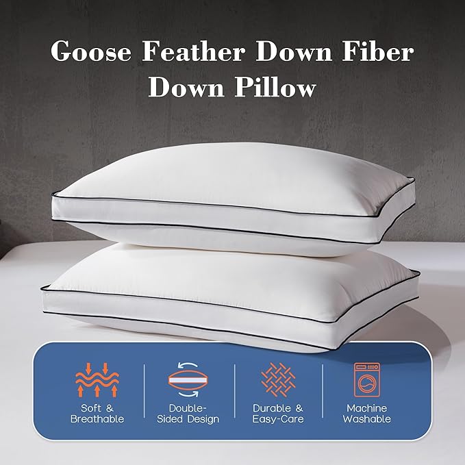 Decroom Goose Feather Down Fiber Pillows King Size Set of 2, Soft Pillows for Luxury Hotel Quality Gusseted Pillow 2 Pack, Bed Pillows for Sleeping, Breathable, Fluffy for Side, Back Sleepers