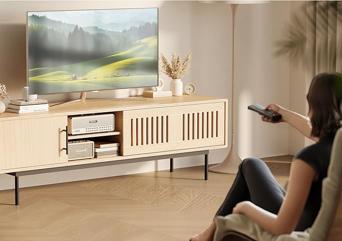 Claiks Mid Century Modern TV Stand for TV up to 70 inch, Entertainment Center with Sliding Barn Doors & Adjustable Shelve, Retro Low Profile Media Console TV Table for Living Room, Natural Oak