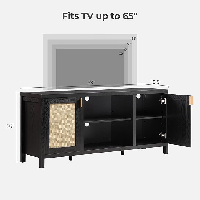 SICOTAS Rattan TV Stand for Living Room - 26" Tall Farmhouse Entertainment Center with Storage and Wicker Door, Media TV Console Cabinet for TVs Up to 65 Inch, Black Oak
