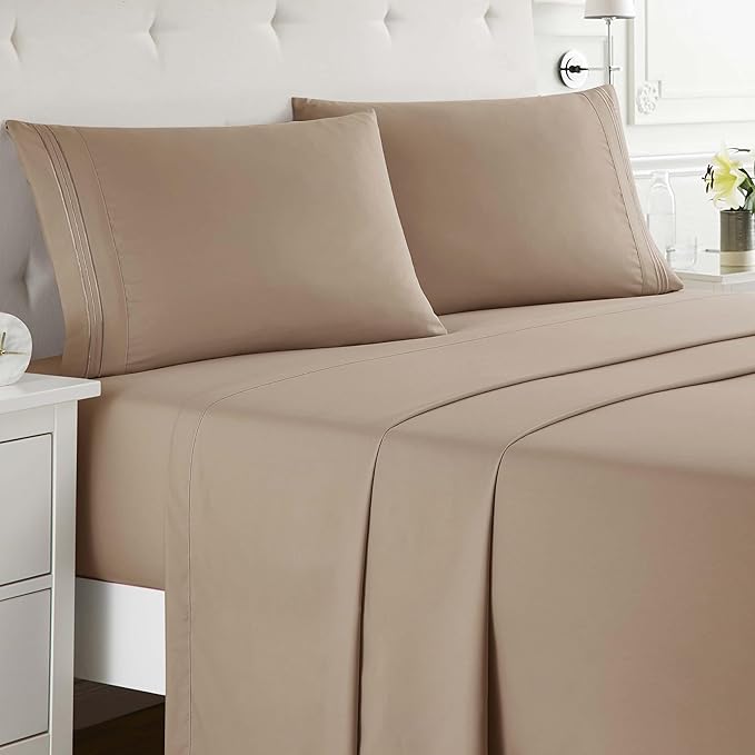 Clara Clark Full XL Bed Sheet Set - Wrinkle, Fade, Stain Resistant, Deep Pocket Sheets - Luxury Soft Bedding Sheets & Pillowcases, Full XL Taupe Sand