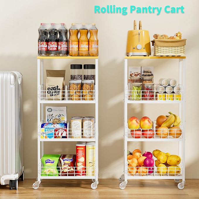 HapiRm Kitchen Fruit Vegetable Cart - 4 Tier Rolling Storage Rack with Wheels and Dividers, Coffee Station Cart Rack Shelf Organizer for Onion, Potato, Snack, Fruit, Vegetable Storage Stand, White