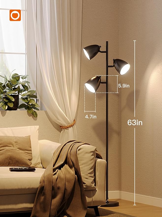 addlon Tree Floor Lamp with Remote, 3 Adjustable Rotating Light and Matching LED Bulbs, Standing Tall Pole Lamps for Living Room, Bedroom, Home, Office - Black