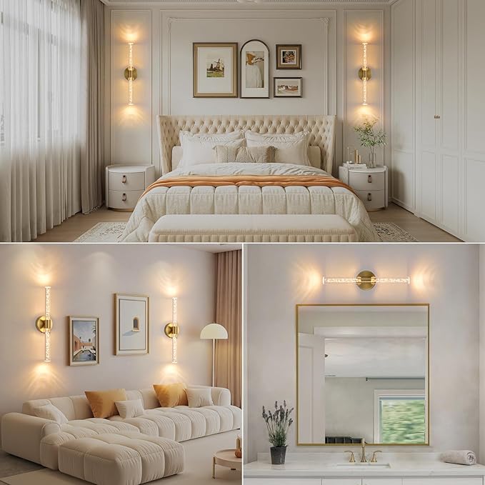 Battery Operated Wall Sconces Set of Two, Gold 20'' Rechargeable Crystal Bubble Wall Sconce with Remote Control, 3000K-6000K Dimmable LED Wireless Wall Lights for Living Room Bedroom Bathroom Hallway