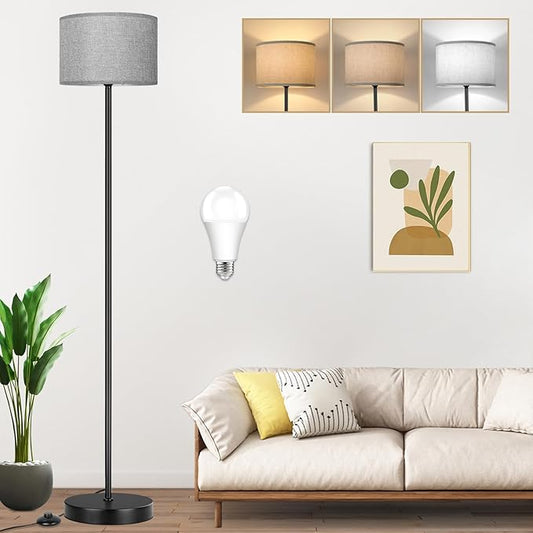 65’’ Tall Floor Lamp for Bedroom, Living Room Pole Floor Light with Grey Shade, Dimmable Standing Floor Lamp with 3-Color Changing LED Bulbs, Simple Design E26 Stand-up Lamp with Foot Switch