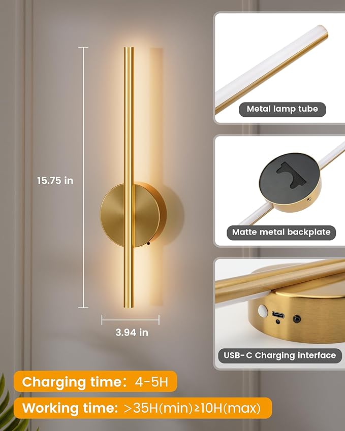 NIORSUN 15.7 Inch Battery Operated Wall Sconce Set of 2, Gold Minimalism Rechargeable Wall Lights with Remote, 3CCT Dimmable Wireless Wall Lamp for Living Room Bedroom Hallway